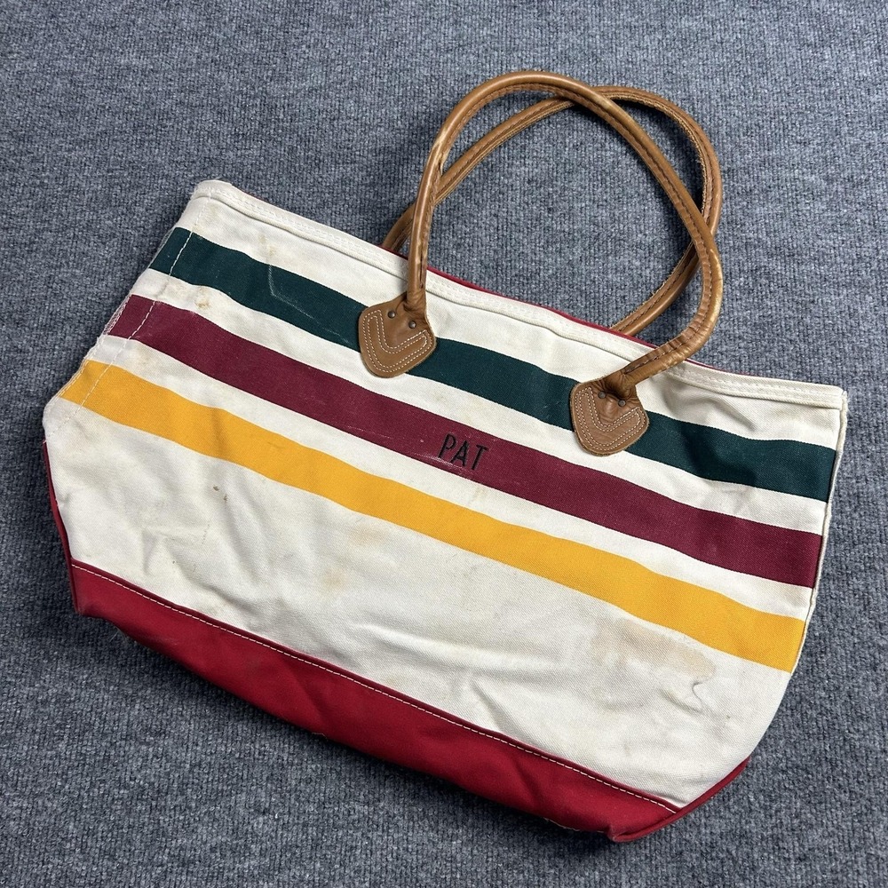 LL Bean Boat and Tote Large Striped Canvas Zip Top Leather Handles PAT Monogram